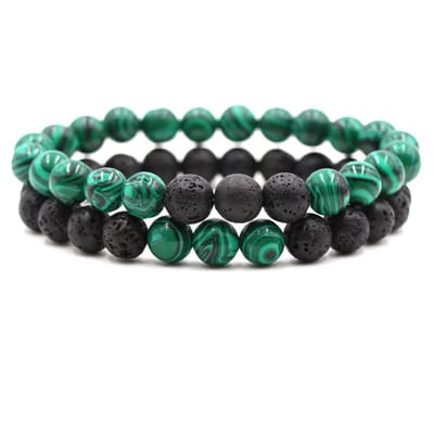 Bixorp Gems Dubbele Natuursteen Armband voor Man & Vrouw - Groen/Zwart contrast - Edelsteen Armband Cadeau - Malachiet & Lavasteen - 20cm