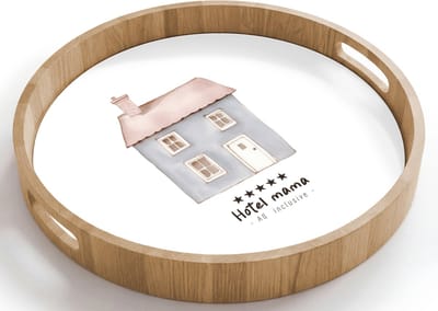 Dienblad rond 40x40 cm - Schootdienblad hout - Lichtblauw - Huisje - Mama - Tekst - Borrelplank rechthoek - Plateau houten dienbladen