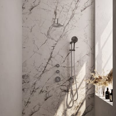 Brauer Brushed Edition thermostatische inbouw regendouche SET 21 met 20 cm douchekop en gebogen muurarm en 3-standen handdouche en doucheslang en geïntegreerde glijstang RVS geborsteld PVD