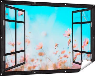 Gards Tuinposter Doorkijk Paarse Kosmos Bloemen - 150x100 cm - Tuindoek - Tuindecoratie - Wanddecoratie buiten - Tuinschilderij
