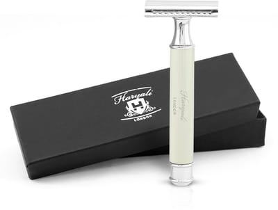 Haryali London Double Edge (DE) veiligheidsscheermes - stevig handvat - metalen en stalen afwerking - herbruikbaar veiligheidsscheermes geschikt voor mannen en vrouwen (Off White)
