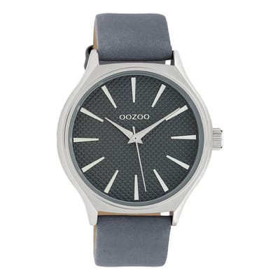 OOZOO Timepieces - Zilverkleurige horloge met blauwe leren band - C10107