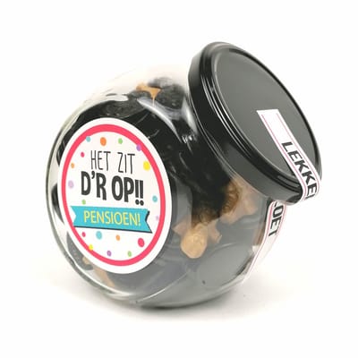 Pensioen cadeautje - Snoeppot - "Het zit d'rop" - Pensioen - drop cadeau