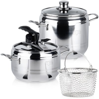 ORION PROFI Serie - Roestvrijstalen Snelkookpan - 3,5L + 5L - Snelkookdeksel - Glazen Deksel