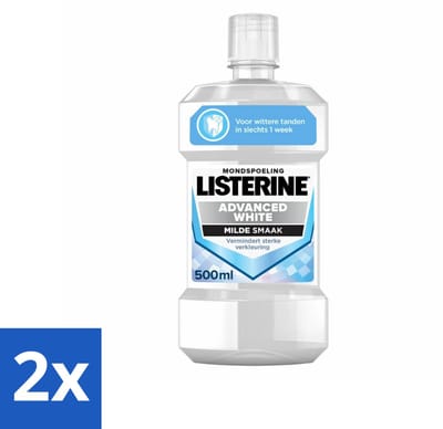2 x Listerine – Mondwater – Advanced White – Mild – 500 ml - Wittere Tanden - Mondspoeling - Frisse Adem - Tandenverzorging - Mondhygiëne