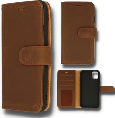 HB Echt Leren Hoesje Geschikt voor Apple iPhone 12 & 12 Pro - Bruin - Leer Wallet Hoes - Portemonnee Book Cover met Pasjeshouder