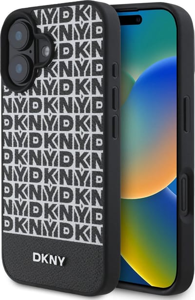 DKNY – iPhone 16 Backcover hoesje – PU Leather Repeat Pattern Bottom Stripe MagSafe – Zwart