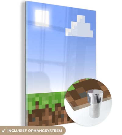 MuchoWow® Glasschilderij 120x160 cm - Schilderij acrylglas - Gaming - Pixel - Gamen - Gras - Foto op glas - Schilderijen