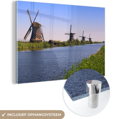 ® Glasschilderij 180x120 cm - Schilderij acrylglas - Nederland - Molen - Water - Foto op glas - Muurdecoratie woonkamer - Wanddecoratie slaapkamer - Schilderijen