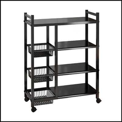 4-Tier Opbergrek – Rollend Utility Rack met Metalen Planken en Mand – Keuken- en Badkamer Organizer 92×32×108 cm