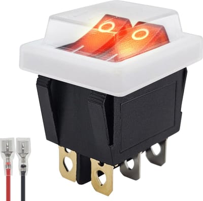 ProRide Dubbele Wipschakelaar ON-OFF KCD6-202 - met Wit kapje en Aansluitkabel - 3 Polig - 250V/16A - 30x22mm - Rood met lampje