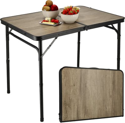 Klaptafel 90x60cm - Inklapbare Campingtafel met Verstelbare Hoogte 40/70cm - Belastbaar tot 30 kg - Opvouwbare Vouwtafel met Handvat - Tuintafel Houtlook voor Camping, Balkon, Picknick en Caravan