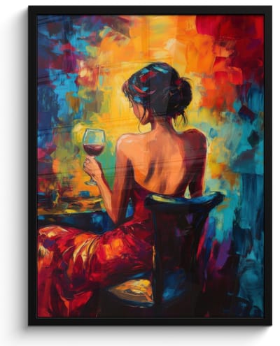 Poster in lijst - Fotolijst 50x70 cm - Posters - Wijn - Vrouw - Sfeervol - Kleurrijk - Posterlijst zwart - Decoratie - Wanddecoratie woonkamer - Muurdecoratie slaapkamer
