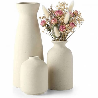 Lemlit Keramische Vazen Set 3 Stuks - Kleine Bloemenvaasjes voor Pampasgras en Gedroogde Bloemen - Decoratieve Vazen voor Plank Tafel Boekenkast en Hal - Naturel