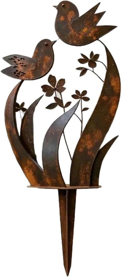 Tuinsteker Vogel Bloemen - Decoratieve Bodeminzet - Tuin Decoratie - Echte Roest Afwerking - 35x20cm - Natuurlijk Roest