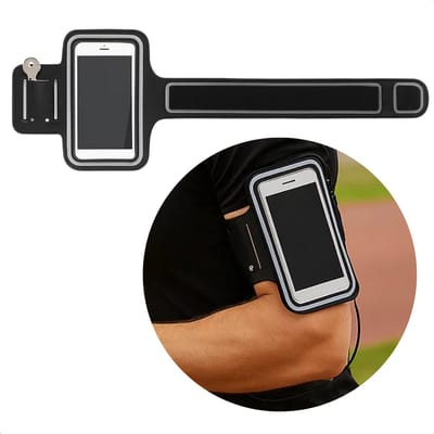 Lomera Sportarmband - Hardloop Armband - Telefoonhouder - Sportband - Verstelbare Band - Neoprene Materiaal - Zwart - Klittenband Bevestiging - Audio-uitgang - Sleutel Opbergvakje - Hardlopen - Fitness Accessoires - Sport Accessoires