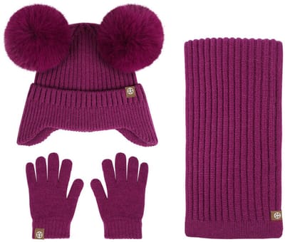 Kindermuts, sjaal en handschoenen 3-delige set - aanbevolen voor kinderen van 2-8 jaar - muts 23*21cm - handschoenen 15*7cm - sjaal 137*14cm - winterwarmte - koudebestendige oorkappen met bontballen muts - kindersjaal - kinderoorkappen