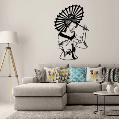 Metalen Wanddecoratie Japans Meisje – 3D Wandkunst – Zwart – 50 x 30 cm