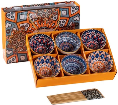 Boheemse kommen schaaltjes servies set met eetstokjes - 6 kommetjes voor rijst, yoghurt, soep, saus etc. Oranje/blauw Aardewerk