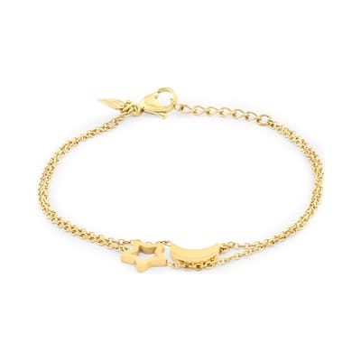 Twice As Nice Armband in goudkleurig edelstaal, dubbele ketting, maan en ster 17cm+2cm