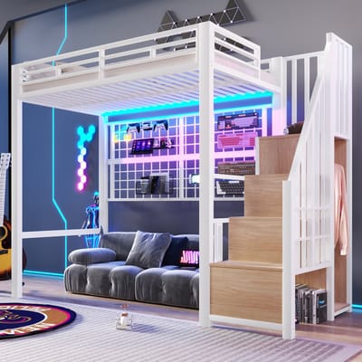 Hoogslaper, 90x200 cm, ijzeren frame, kledingkast, opbergladder, kledingstang, opbergruimte onder het bed, 7-kleurige ledverlichting, exclusief matras, zwart