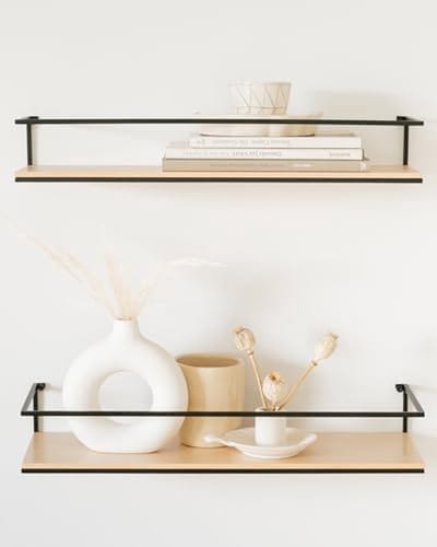 PromoHome Zwevende Wandplanken Set - Moderne Berken Hout Look - Sterke Metaal Constructie