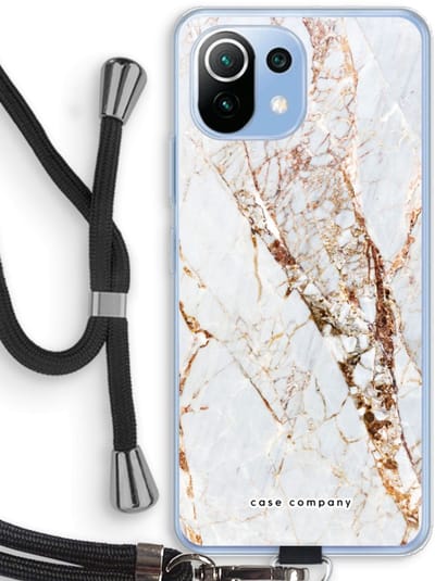 Case Company® - Hoesje met koord geschikt voor Xiaomi Mi 11 Lite hoesje met Koord - Goud marmer - Telefoonhoesje met Zwart Koord - Bescherming aan alle Kanten en Over de Schermrand