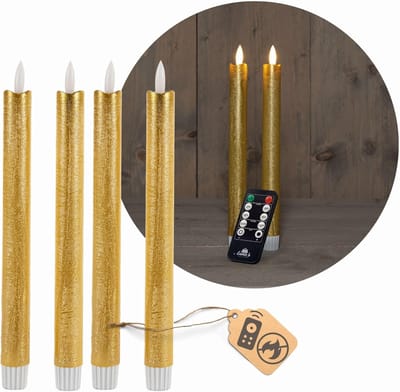 Novaliv LED-kaarsen met timer GOUD 4 stuks binnen 6 uur - ECHTE WAS 18 cm hoogte voor kaarsen 2,2 cm diameter 2 AAA-batterijen vereist LED-kaarsen flikkerende vlam bewegende vlam licht