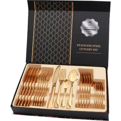 Bestekset RVS Glanzend 24 Stuks Steakmes Vork Lepel Set voor Restaurant Goudkleurig goud