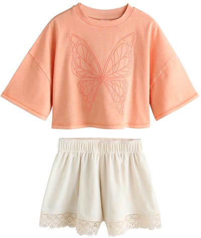 Next - Meisjes - Set van T-shirt en short met textuur - Oranje
