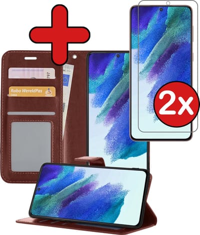 Hoesje - Met 2x Screenprotector - Geschikt voor Samsung Galaxy S21 FE - Luxe Pasjeshouder - Flip Case - Bookcase Portemonee - Kunstleer Book Case - Flipcase Hoes - Book Cover - Walletcase - Portemonneehoes - Telefoonhoes - Bruin