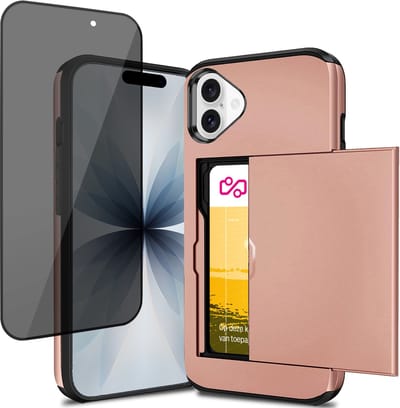 Hoesje met Pasjeshouder geschikt voor iPhone 17 - Privacy Screen Protector FullGuard - Back Cover SlideCase Roségoud & Screenprotector