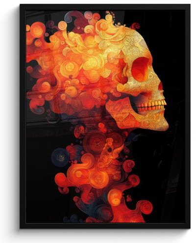 Poster in lijst - Fotolijst 60x80 cm - Posters - Schedel - Oranje - Zijaanzicht - Vlammen - Posterlijst zwart - Decoratie - Wanddecoratie woonkamer - Muurdecoratie slaapkamer