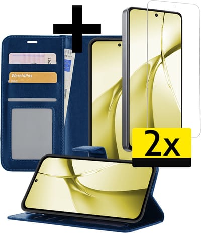 Hoesje - Met 2x Screenprotector - Geschikt voor OnePlus Nord CE4 - Luxe Pasjeshouder - Bookcase Portemonee - Flip Case - Kunstleer Book Case - Flipcase Hoes - Book Cover - Walletcase - Portemonneehoes - Telefoonhoesjes - Donkerblauw