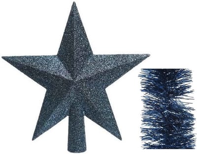 Kerstversiering kunststof glitter ster piek 19 cm en folieslingers pakket donkerblauw van 3x stuks - Kerstboomversiering