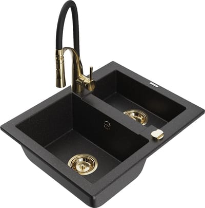 Mexen Carlos granieten gootsteen 1,5-kamer met keukenmengkraan Aster, zwart/zilver metallic - 6518-73-73450-57-G
