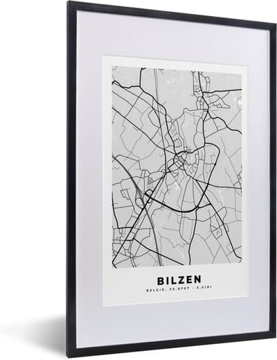 Fotolijst incl. Poster Zwart Wit- Zwart Wit – België – Plattegrond – Stadskaart – Kaart – Bilzen - 40x60 cm - Posterlijst