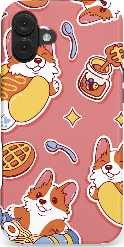 Casetastic hoesje geschikt voor Apple iPhone 16 Plus - MagSafe - Dubbellaagse bescherming - Corgi snacks - Fashion Case - Koraal Terracotta Lichtgrijs Goud
