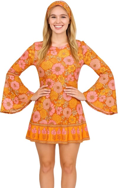 Joya Party® Hippie Verkleedjurk Dames Oranje Roze | Jaren 60/70 Flower Power Kostuum | Inclusief Haarband | Verkleedkleding Bloemen Volwassenen | Stretch Stof | Carnaval / Themafeest | Maat S