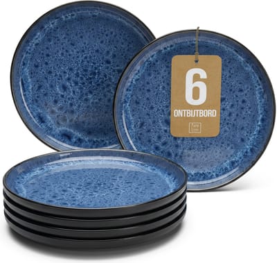 Pure Living Ibiza Dark Set Van 6 Dessertborden - Ø 20 cm - Diepblauw - Aardewerk - Vaatwasserbestendig - Magnetronbestendig