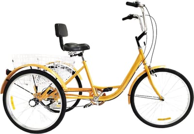 Driewieler voor volwassenen - 6 versnellingen - Fiets voor senioren - 24 Inch - Met mand - Voorrem - Geel
