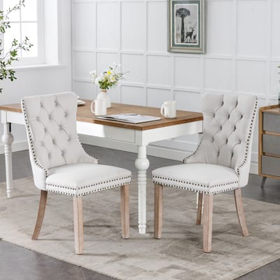 Clruro Eetkamerstoelen - Set van 2 - Gecapitonneerd - Met Siernagels - Linnen en Hout - Beige