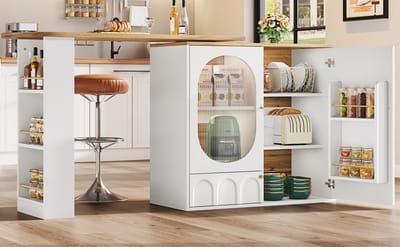 Zubaliya 360° Draaibare Bar Tafel met Opbergruimte – Uitschuifbare Sta Tafel 138-204 cm – Wit Keukeneiland met Rieten Deuren – Inclusief Handdoekenrek en Kruidenrek