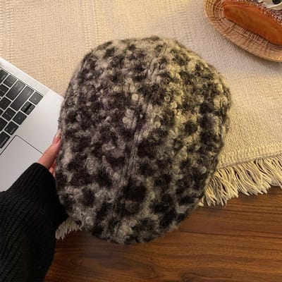 Retro Luipaardprint Pluche Voorwaartse Hoed Herfst- en Winterhoed Dames Grote Hoofdomtrek Gezicht Toont Kleine Hot Girl Stijl Baret One Size gray