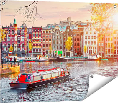 Gards Tuinposter Amsterdamse Huisjes vanaf de Grachten - 80x60 cm - Tuindoek - Tuindecoratie - Wanddecoratie buiten - Tuinschilderij