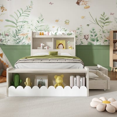 VVBV Kinderbed 90x200 cm - Opbergruimte, Planken, Lattenbodem, Voor Kinderen/Tieners - Hout Wit/Eiken - Zonder Matras