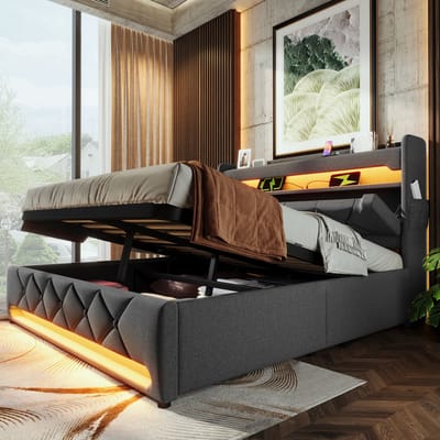MODENUIT Gestoffeerd bed 160x200 cm – Hoofdbord met USB-C en 3 USB-poorten – LED en opbergruimte – Zonder matras – Grijs