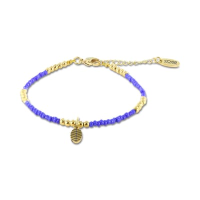 CO88 Colection 8CB-91015 Stalen Armband met Kralen - Dames - Goudkleurig - 3 mm - Blauw - 2,5 mm - Veer - 10 x 5 mm - 16,5 + 3 cm