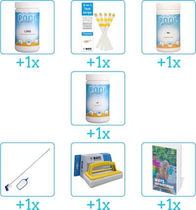 Zwembad Onderhoudspakket - Onderhoud Zwembad - bevat Chloor - Testrips - PH-min - PH-plus - Schoonmaakset - Scrubborstel en Zwembadgids (7-delig)
