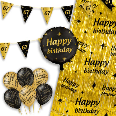 LUQ – Party Essentials 67 Jaar – Zwart-Goud Verjaardag Feest Versiering – Luxe Ballonnen-Slingers-Vlaggenlijn-Gordijn